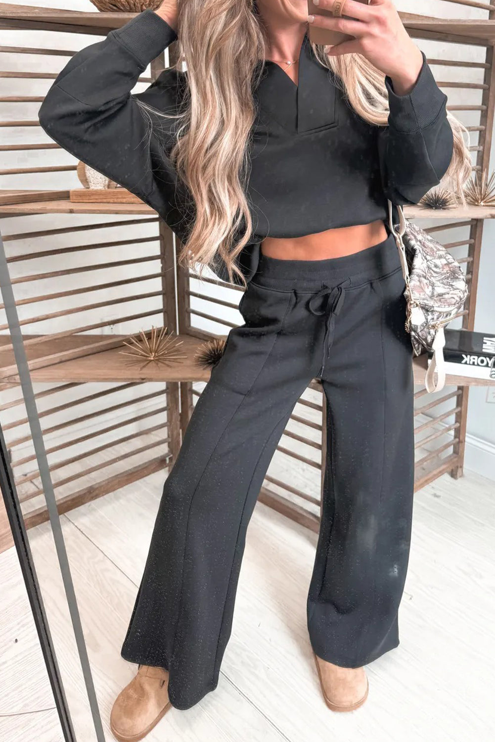 Collared V Neck Pullover Sweat Set