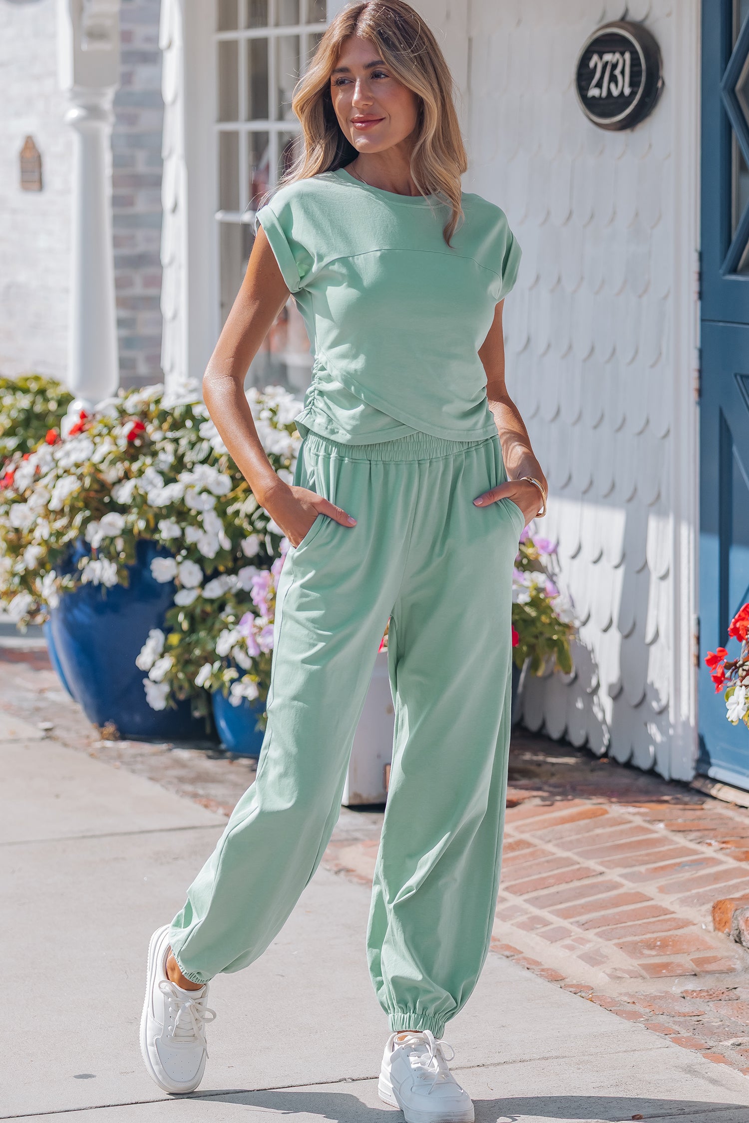 Moonlight Jade Solid Color Cropped Tank Top and Jogger Pants Set