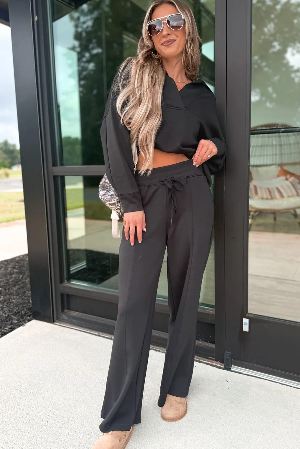 Collared V Neck Pullover Sweat Set